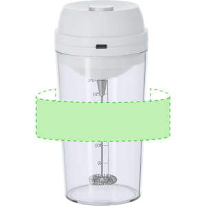 A clear mixing cup with a white lid and a built-in whisk feature. It has a logo on the side.