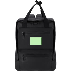 A black backpack featuring two zippered front pockets and a logo on the top.