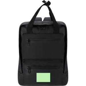A black Flipex backpack featuring two zippered front pockets and a blank space for a logo or label.