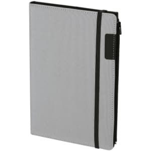 A grey notepad pouch with a black elastic closure and a branding logo on the side.
