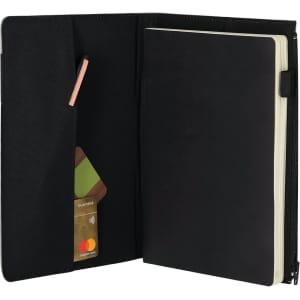 A black notepad pouch with an interior pocket for a card and an elastic band for holding a pen.