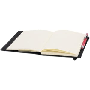 A notepad pouch in black with a pen, featuring blank lined pages inside.
