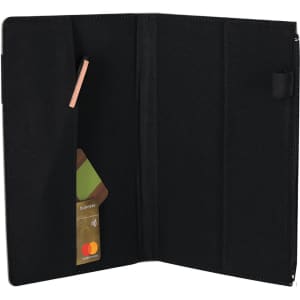 A black notepad pouch featuring an interior pocket and slots for cards. It has a logo on the exterior.