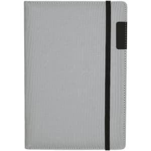 A grey notepad pouch featuring a black elastic band closure and a small branding logo.