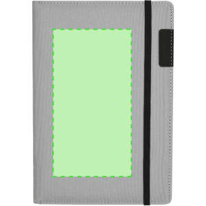 A grey notepad pouch with a black elastic band and a blank area for custom branding or design.