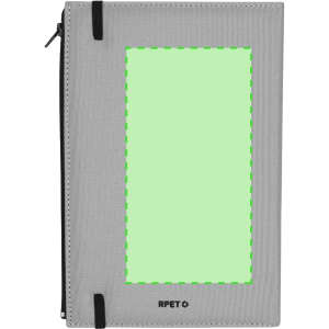 A grey notepad pouch with a zip closure and an empty display area. It features a logo at the bottom.