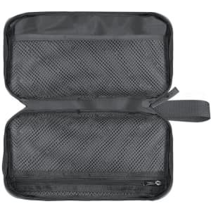 A black organiser case featuring mesh pockets and a zip compartment, ideal for storing various items.