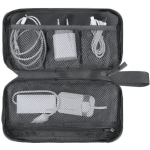 A grey organiser case featuring multiple mesh compartments containing electronic chargers and cables.