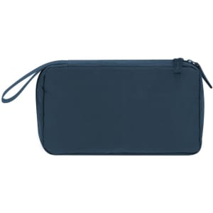 A dark blue organiser case featuring a zip closure and a wrist strap, perfect for miscellaneous items.