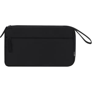 A black organiser case with a zip closure and a small side zipper pocket, featuring a wrist strap.