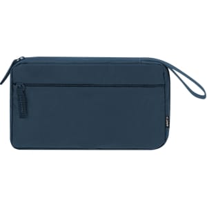 A navy blue organiser case with a zippered pocket and a wrist strap, featuring a logo on the side.