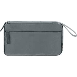 A grey organiser case with a zip closure and a small side pocket, featuring a wrist strap and a logo.