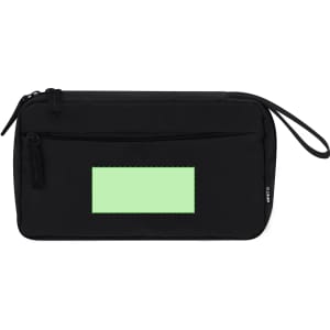A black organiser case with a mint green rectangular section and a zip closure. It has a handle on the side.