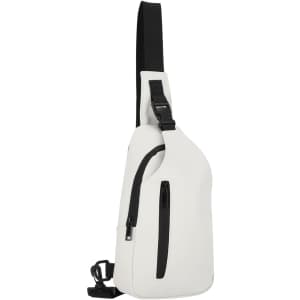 A white Soplex shoulder bag with a black strap and a zippered pocket. It features a logo.