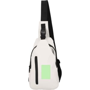 A white shoulder bag with black accents, featuring a single strap and a green patch. It includes a front zip pocket.