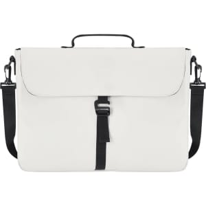 A white laptop bag with a black strap and buckle closure, featuring a handle and branding.
