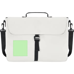 A white laptop bag with a black strap and a green highlighted area on the front for branding or identification.