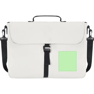 A white laptop bag with a black strap and buckle, featuring a blank green square for customisation.