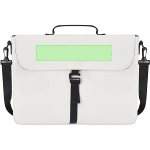 A white Sarlem Document Bag with a black strap and clasp, featuring a blank green area.