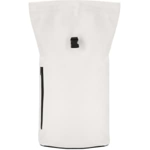 A white backpack with a roll-top closure and a side zip pocket. It features a logo on the design.