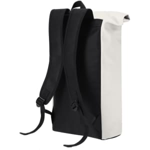 A black and cream roll-top backpack with padded straps and a minimalistic design. It features a logo on the front.