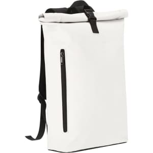 A white backpack with a black zip pocket, featuring adjustable straps and a roll-top closure.