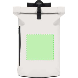 A white Betrix Backpack featuring a roll-top closure, adjustable straps, and a front zip pocket.