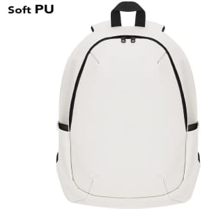 A white backpack with black accents and a simple design, featuring a logo and adjustable straps.