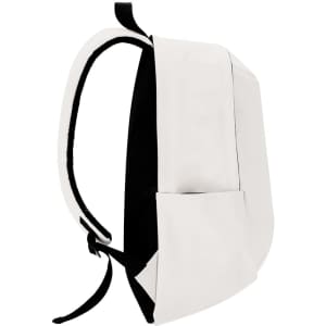 A white backpack with a simple design, featuring a side pocket and black straps. It has a logo on the front.