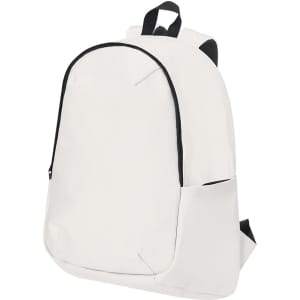 A white backpack with black accents, featuring a simple design and a logo.