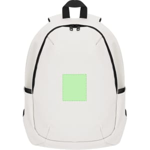 A white backpack with black accents, featuring a blank green square area for customisation. It has a logo.