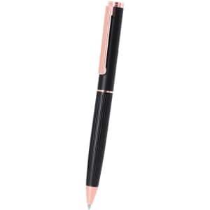 A metal pen in black with a rose gold clip and detailing, featuring a sleek, textured barrel.