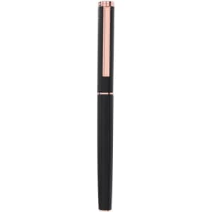 A metal pen in black with rose gold accents. The pen features a ribbed design and a clip.