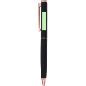 A metal pen with a black body and rose gold accents, featuring a green section in the middle.