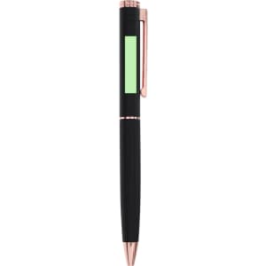 A metal pen in black with rose gold accents and a green section. It features a clip and ribbed grip.
