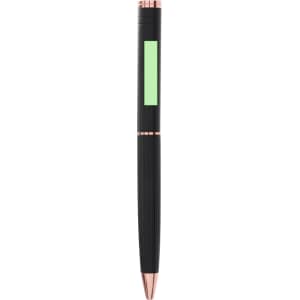 A metal pen in black with rose gold accents and a green section. It features a logo on the surface.