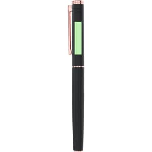A black metal pen with a green section and rose gold accents, featuring a clip and a logo.