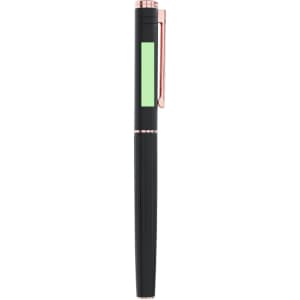 A metal pen featuring a black body with a green panel and rose gold accents, including a clip and a textured grip.