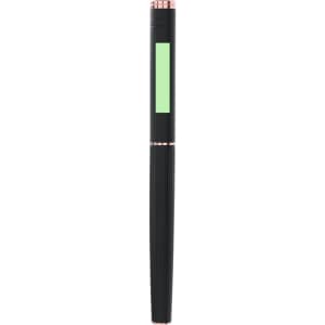 A metal pen in black with rose gold accents and a green section, featuring a logo.