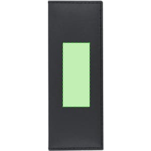 A black pen set case featuring a rectangular green accent panel, with a logo on the front.