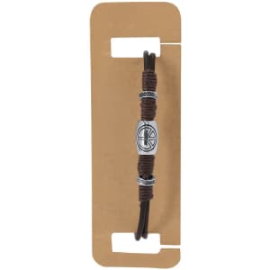 A brown Luco Bracelet with silver accents displayed on a simple cardboard backing.
