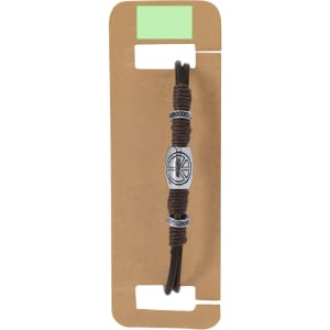 A brown Luco Bracelet displayed on a cardboard backing with decorative silver accents and a logo.