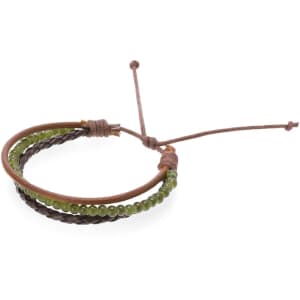A green and brown bracelet featuring braided leather and beads, with an adjustable knot closure.