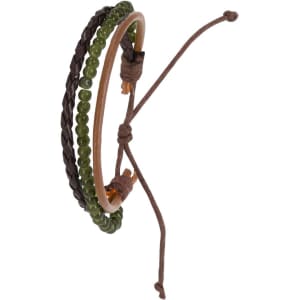 A braided brown leather bracelet with green beads and an adjustable strap. It has a simple, stylish design.