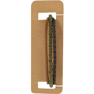 A multi-strand bracelet featuring green beads and woven brown and black strands, displayed on a cardboard backing.