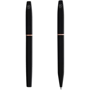 A set of two black metal pens with a sleek design and a gold accent band. The pens have a branded logo.