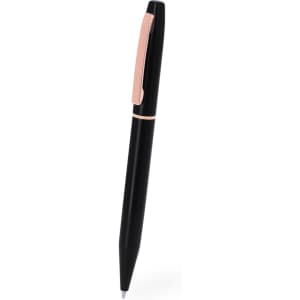 A black metal pen with a pink clip, featuring a sleek design and a branding logo.