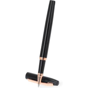 A black metal pen with rose gold accents, displayed upright beside its cap. The pen has a sleek, modern design.