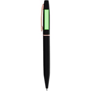 A metal pen with a black body, a green section, and a rose gold clip. It features a logo on the body.