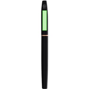 A black metal pen with a green accent and a logo, featuring a sleek and modern design.